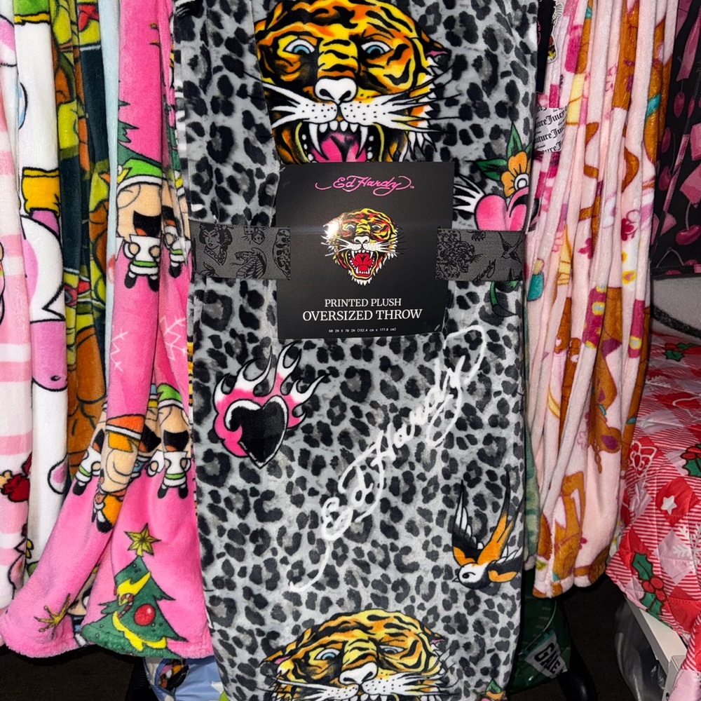 Ed Hardy Gray Leopard Print Throw with Tiger Design